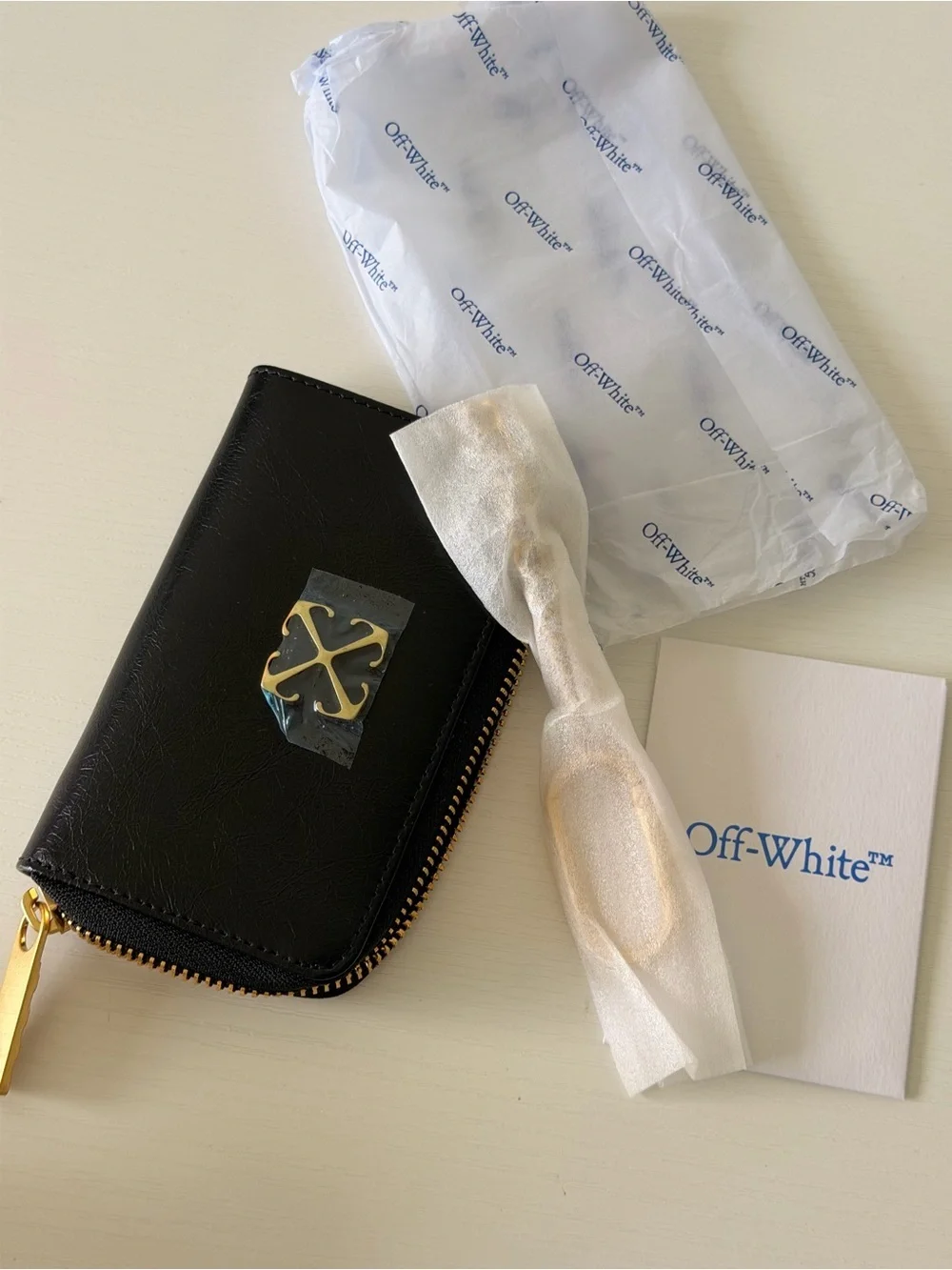 New Off-White Black Keychain Wallet, Leather Zip Card Pouch with Gold Zipper